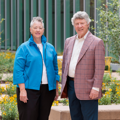 Annise Parker and Ed Emmett outside Kraft Hall