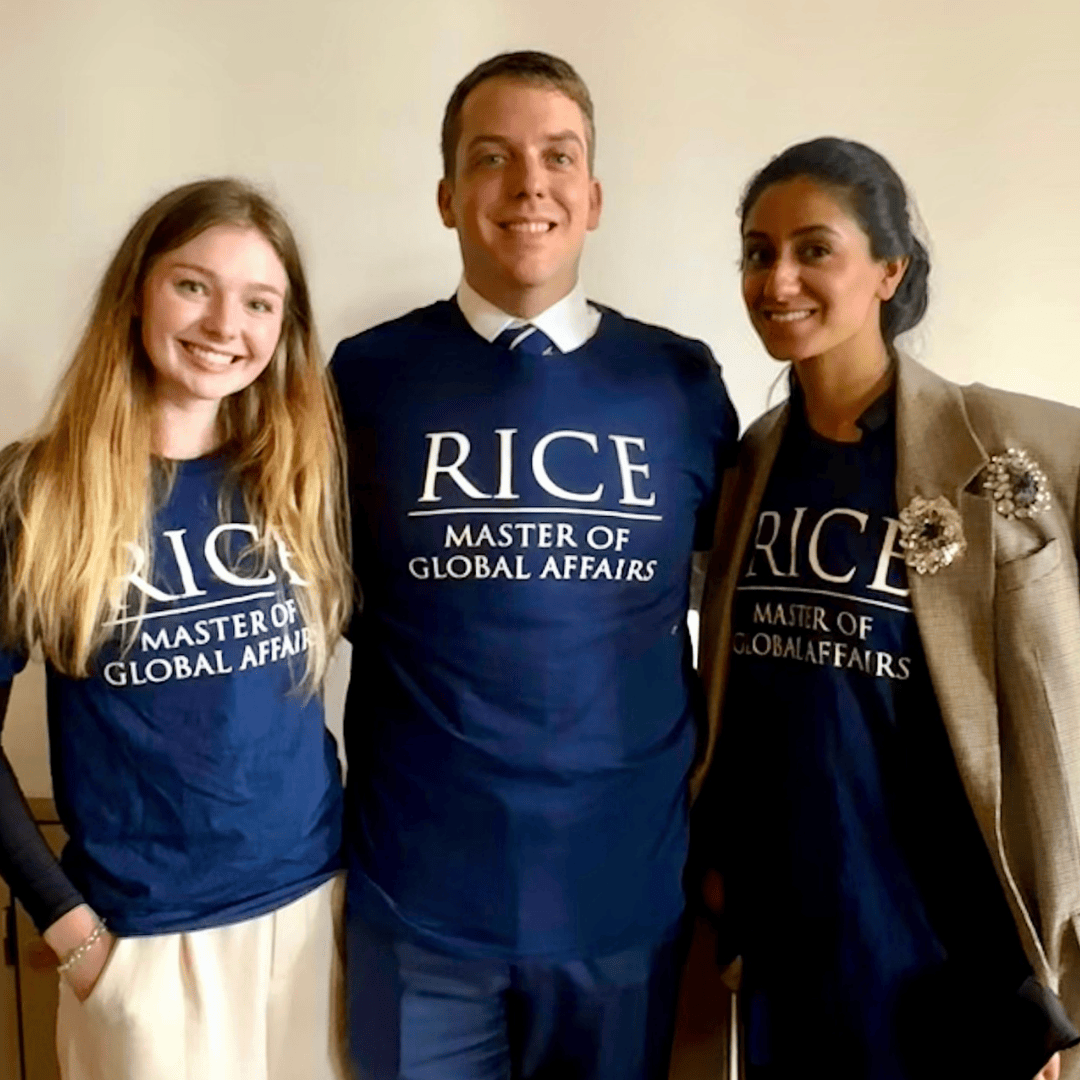 Three students in Rice Master of Global Affairs shirts
