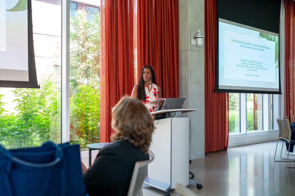 Elizabeth Hordge-Freeman, Sociology, speaks at September 2024 Research Relay - Rice University School of Social Sciences