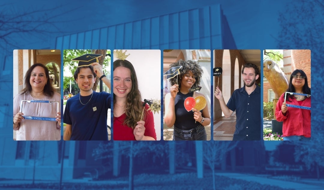 Six students playing with graduation props on top of image of Kraft Hall with blue overlay