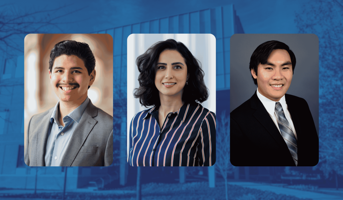 Three students in front of blue campus background, Rice University Social Sciences STaRT@Rice
