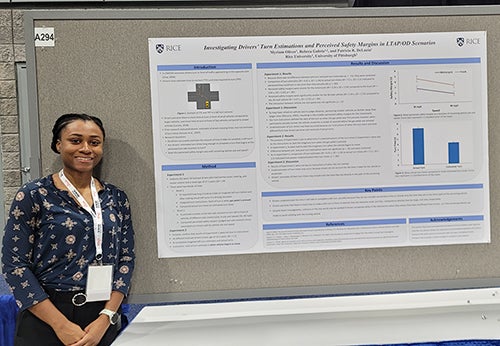 Myriam Oliver in front of her research poster at the TRB annual meeting, Rice University Psychological Sciences