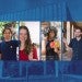 Six students playing with graduation props on top of image of Kraft Hall with blue overlay
