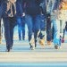 People crossing busy street